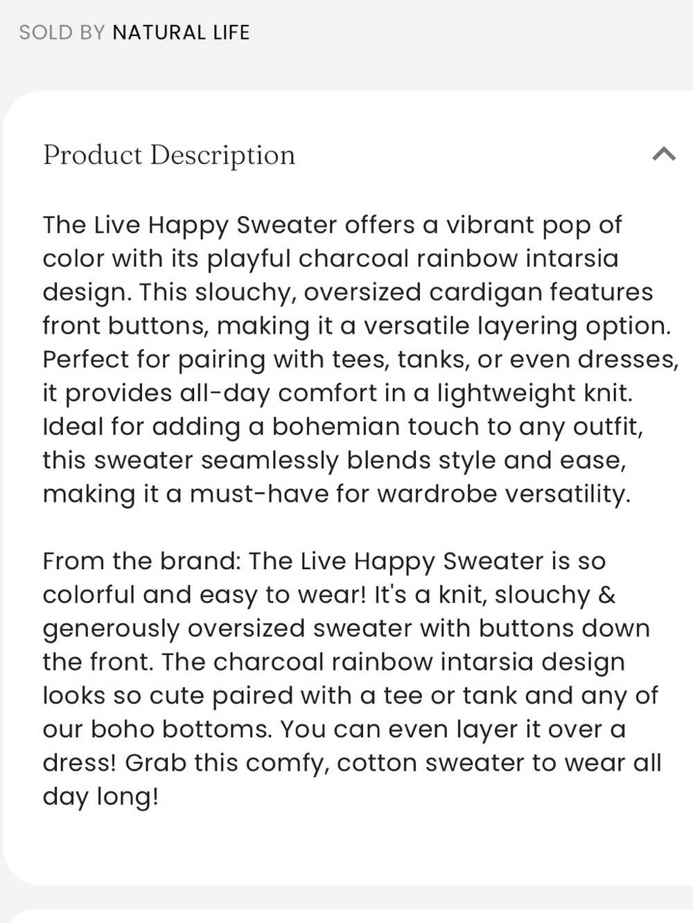 NATURAL LIFE Live Happy Cardigan Sweater Cardigan Rainbow Bands Charcoal Cotton - Picture 9 of 15